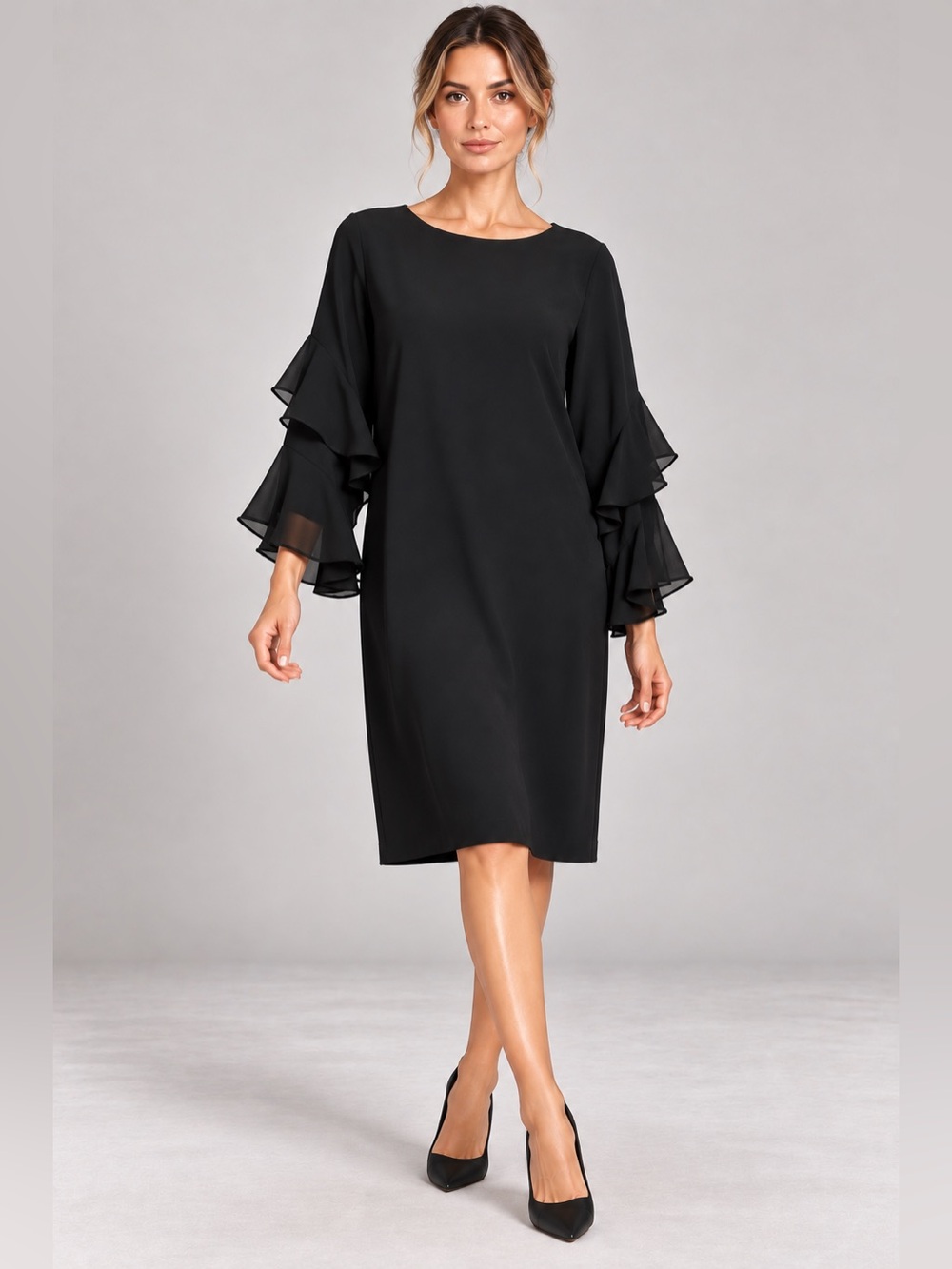 Calvin Klein Black Tiered Ruffle Sleeve Shift Dress 22W Plus Sz Cocktail Formal